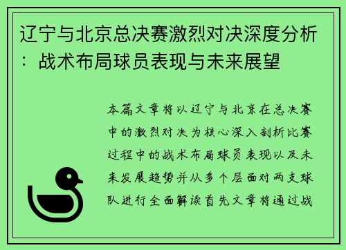 辽宁与北京总决赛激烈对决深度分析:战术布局球员表现与未来展望 辽宁与北京总决赛激烈对决深度分析:战术布局球员表现与未来展望